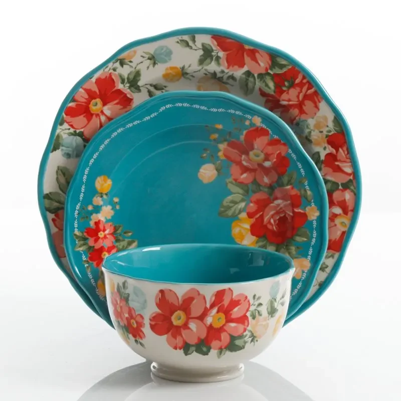 

Luxurious 12-Piece Teal Floral Dinnerware Set Perfect for Special Occasions