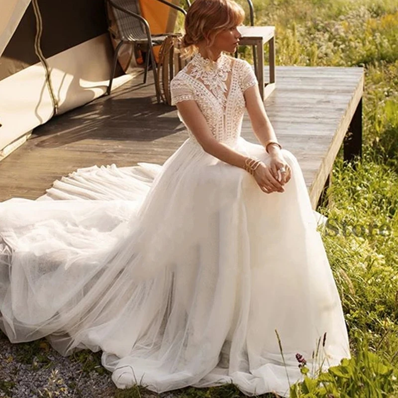 

Boho High Neck A-Line Wedding Dress Lace Appliques Short Sleeves Wedding Gown Backless Tulle Vestido De Noiva
