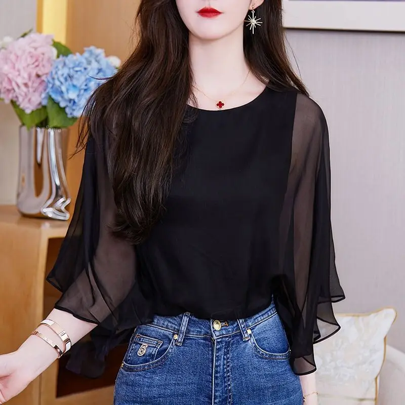 Блузка женская с круглым вырезом модный однотонный Повседневный Свободный