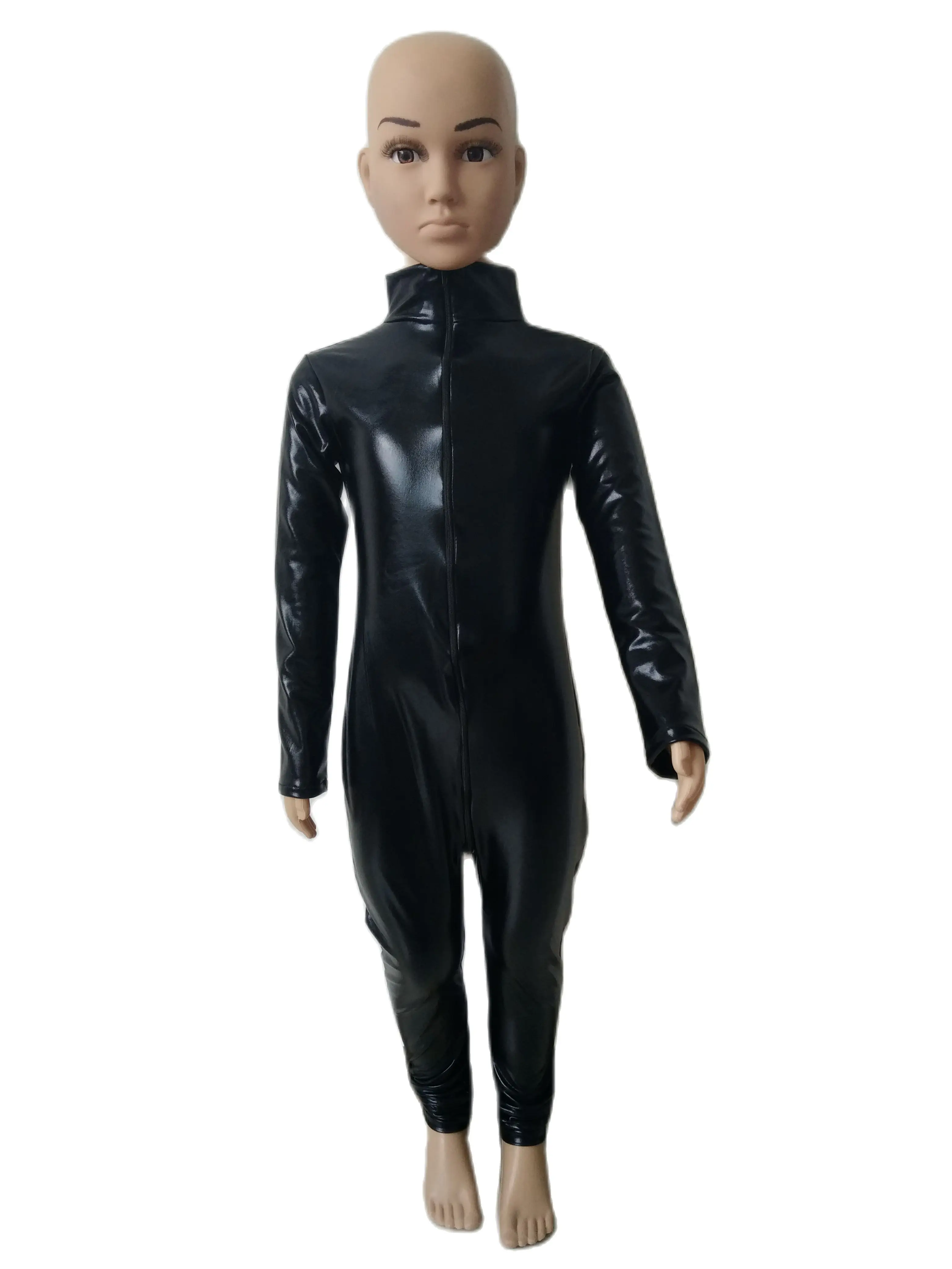 Детский черный блестящий металлический косплей костюм кошки трико с двойной