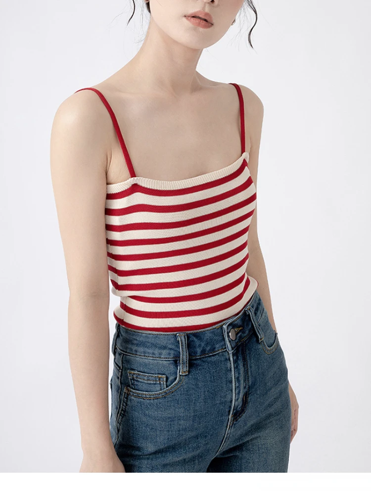 

Women Red Striped France Stylish Summer Cami Top 2023 New In Korean Fashion