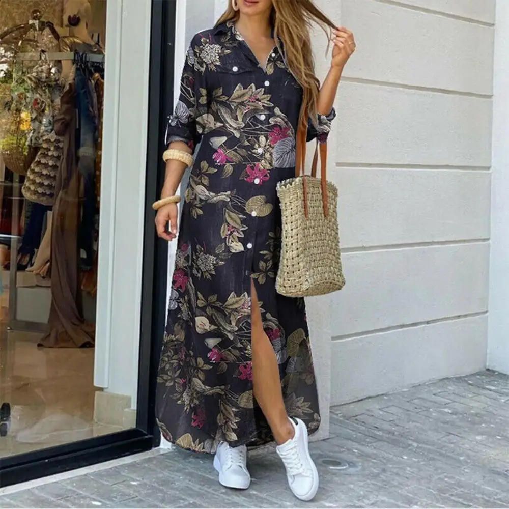

Women Long Sleeve Fashion Dress Flowers Leopard Camo Print Split Hem Maxi Shirt Dress