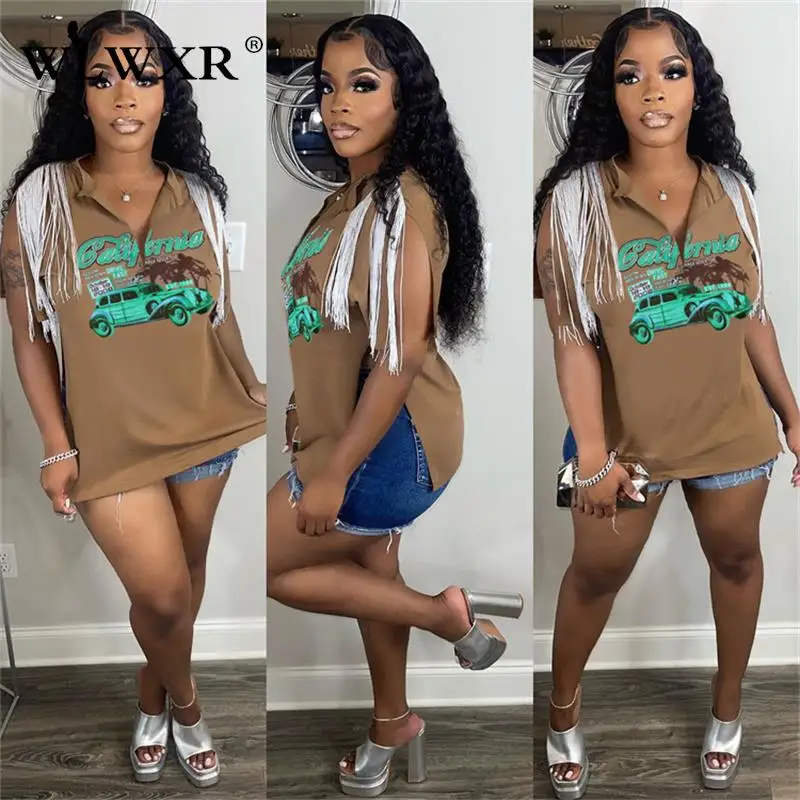 

WLWXR Summer Clothes Streetwear Short Sleeve Tops Women 2022 V Neck Tassel T Shirts Tees Female White Graphics T Shirts Women