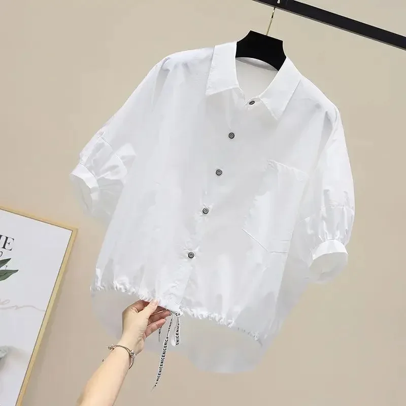 Фото Blusas, новая летняя рубашка с рукавами «летучая мышь», женская свободная повседневная короткая блузка с подолом на талии, однотонные укороченные топы, полубелые рубашки Lady ujfj №5
