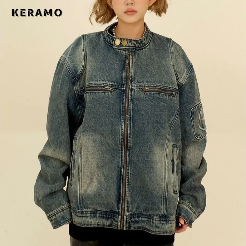 Женская джинсовая куртка на молнии Повседневная Свободная синяя с круглым