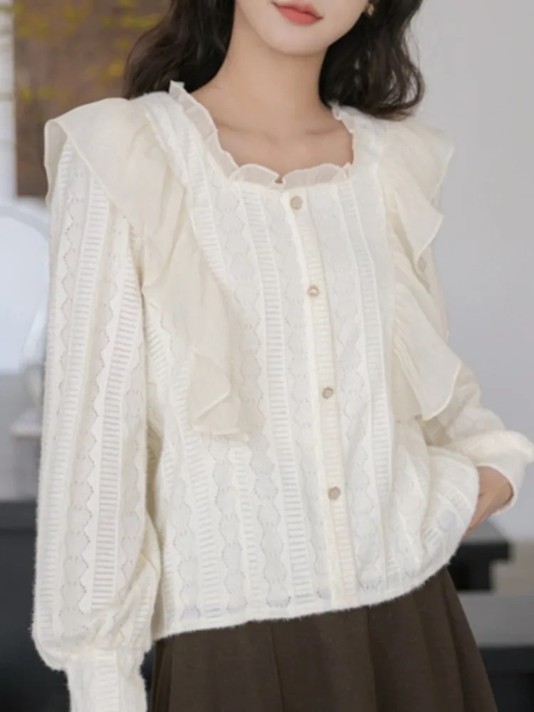Осенние рубашки с оборками блузки корейские однотонные элегантные и молодежные
