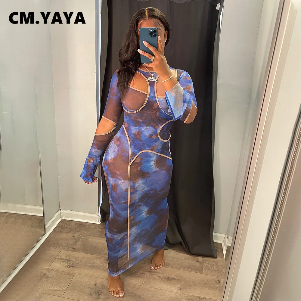 

CM.YAYA Women Long Dress Print Hollow Out Stretchy Skinny Bodycon Maxi Dresses Female Sexy Night Club Vestidos Streetwear Autumn