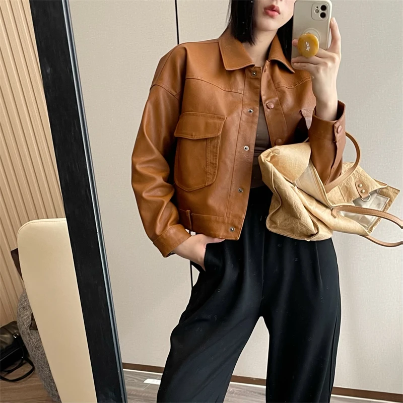 brown short women leather top girl slim Vintage short high lapel pocket leather jacket jacket women