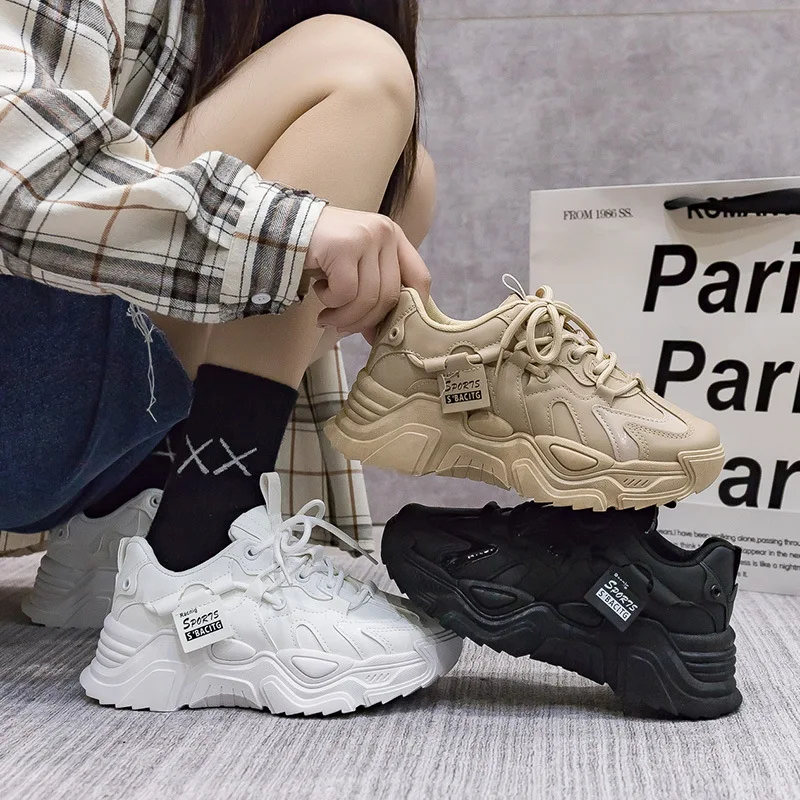 Women's Sports Shoes Summer Spring 2023 New Style Leather Ins Fashion Versatile Black Thick Soled Shoes Ventilation Women's