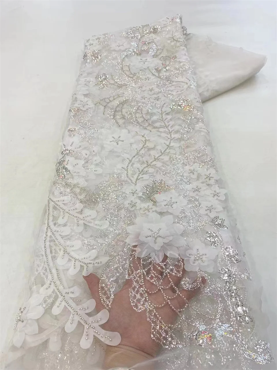 Оптовая продажа 2024 африканская 3D кружевная ткань из бисера роскошное свадебное