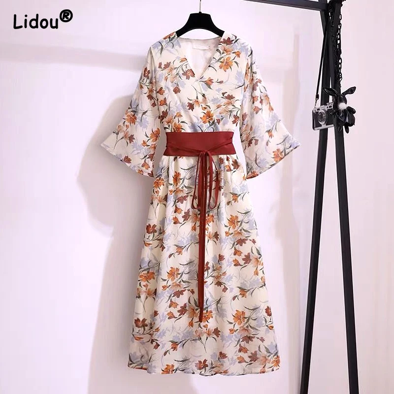 

V-neck Midi Skirts High Waist Retro Printing Creative Dresses Elegant Fashion Thin Summer Slim Dignified Women's Clothing Floral