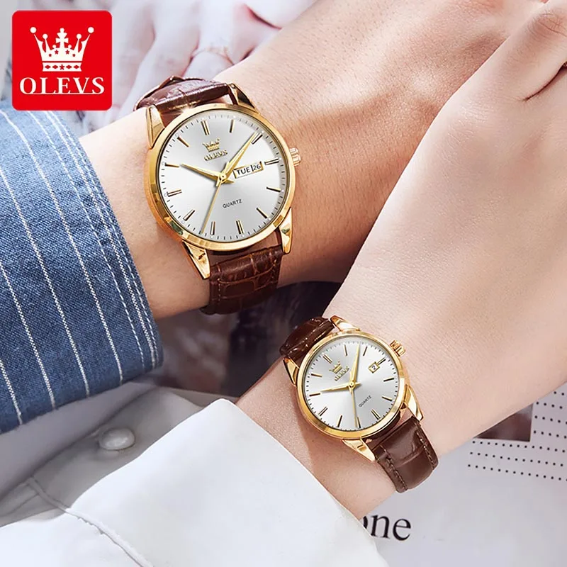 OLEVS Couple Watches Set Men Women Quartz Watch Mens Womens Genuine Leather Strap Luxury Gold Plated Case Lover Watch Gift 6898