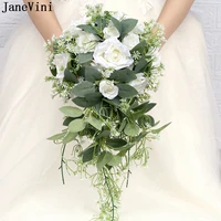 janevini witte rozen white roses bridal bouquet fleur mariage waterfall wedding bouquet artificial green leaves bride flowers