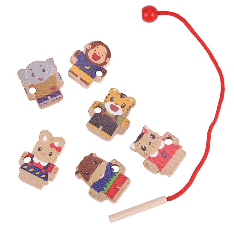 

-Wooden Toys Diy Toy Cartoon Animal Threading Wooden Beads Toy Montessori Educational For Kids