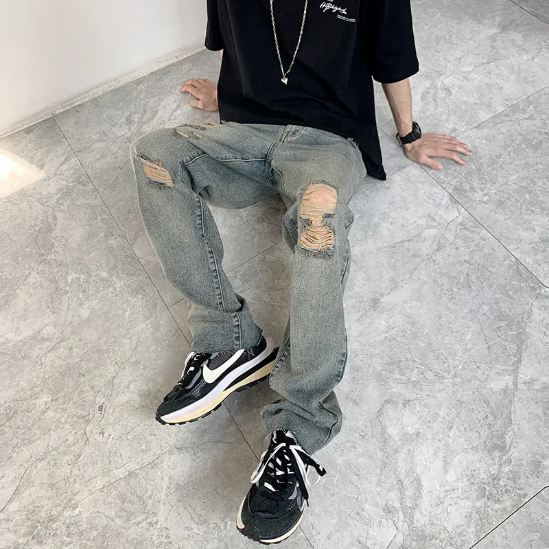 2022 New Streetwear Men Jeans Worn Washed Straight Loose Boys Ripped Jeans for Men Denim Pants Casual Full Length Trousers
