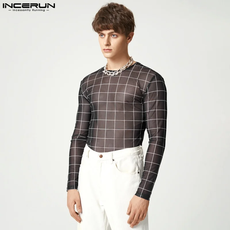 

INCERUN Tops 2023 American Style Men Grid Gauze Perspective Elastic T-Shirts Fashion Male Round Neck Long Sleeve Camiseta S-5XL