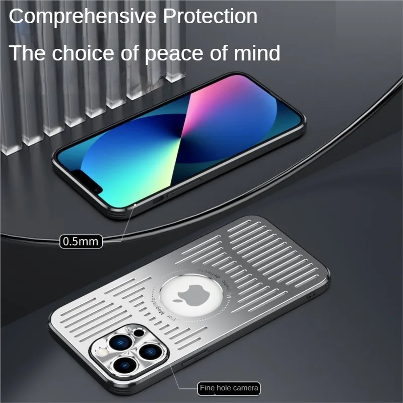 Metal Magnetic Heat Dissipation Phone Case Suitable for iPhone 14 13 12 Pro Max Plus Exposed Label, Full Lens Protection