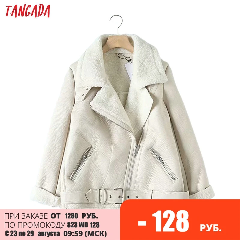 Tangada Women beige fur faux leather jacket coat with belt turn down collar Ladies 2021 Winter Thick Warm Oversized Coat 5B01