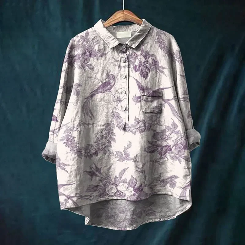 Женская льняная блузка с воротником-стойкой и длинным рукавом