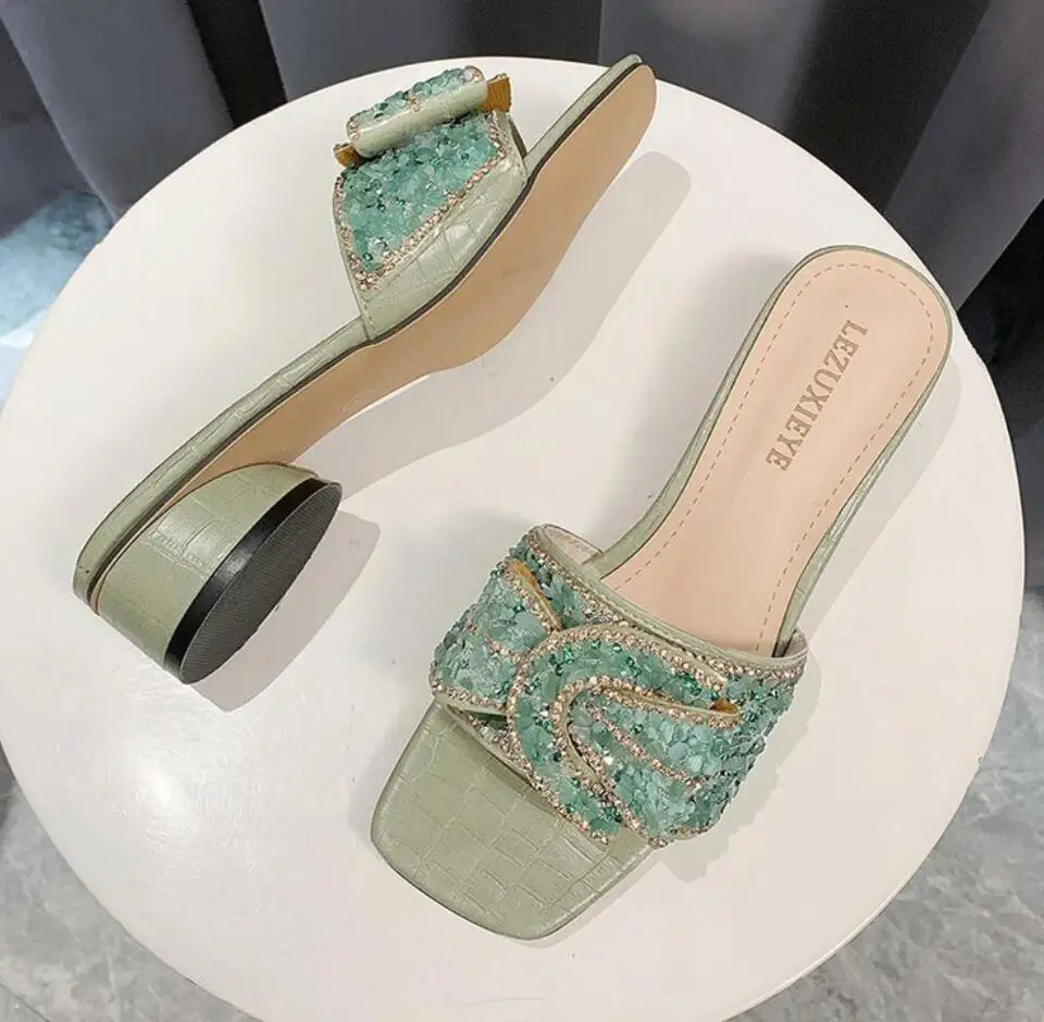 

Women Summer Luxury Rhinestone Slippers Thick-Heeled Muller Shoes Casual Ladies Slides Square Toe Thick With Beach Sandals