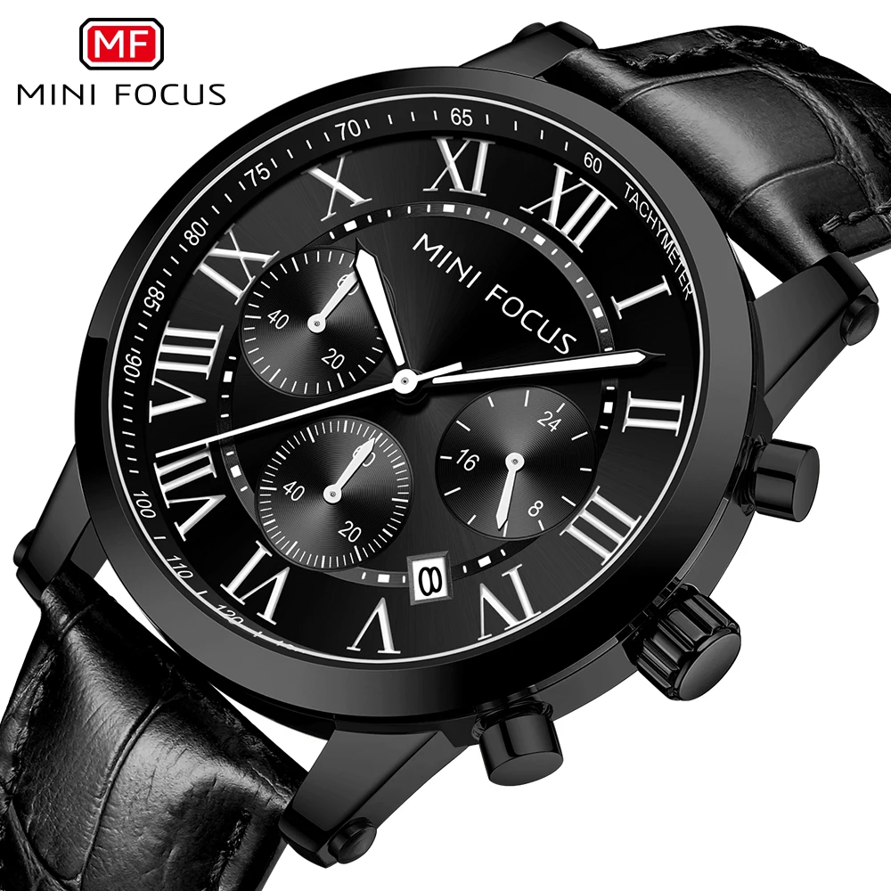 

MINI FOCUS Top Brand Quartz Wristwatches for Mens Black Dial Waterproof Male Watches Luminous Hands Leather Strap reloj hombre