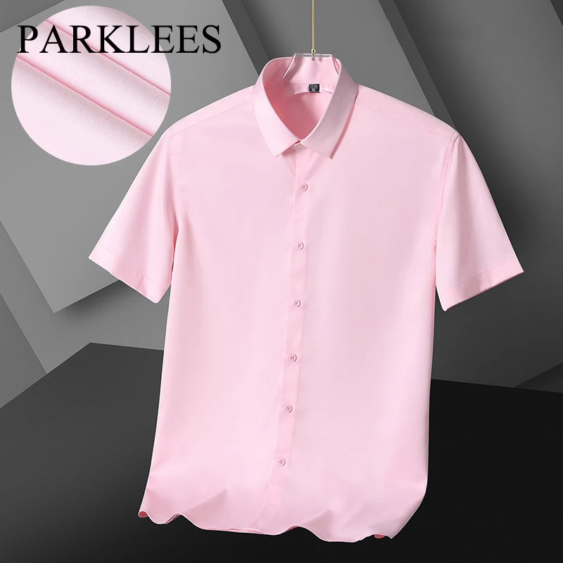 

Parklees Pink Shirt for Men 2022 New Smooth Solid Short Sleeve Tuxedo Shirt Business Casual Button Down Dress Shirt Chemise Male