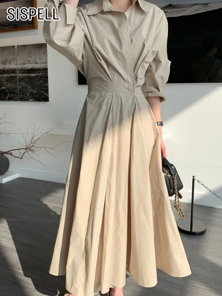 

Женское плиссированное платье SISPELL, повседневное минималистичное платье с отложным воротником, длинным рукавом и высокой талией, 2022
