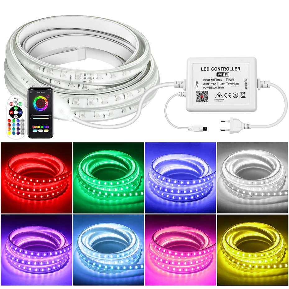 

Ультраяркая светодиодная ленсветильник 220 В s SMD5050 RGB, Светодиодная лента с регулируемой яркостью, водонепроницаемая гибкая световая лента IP67 для украшения дома