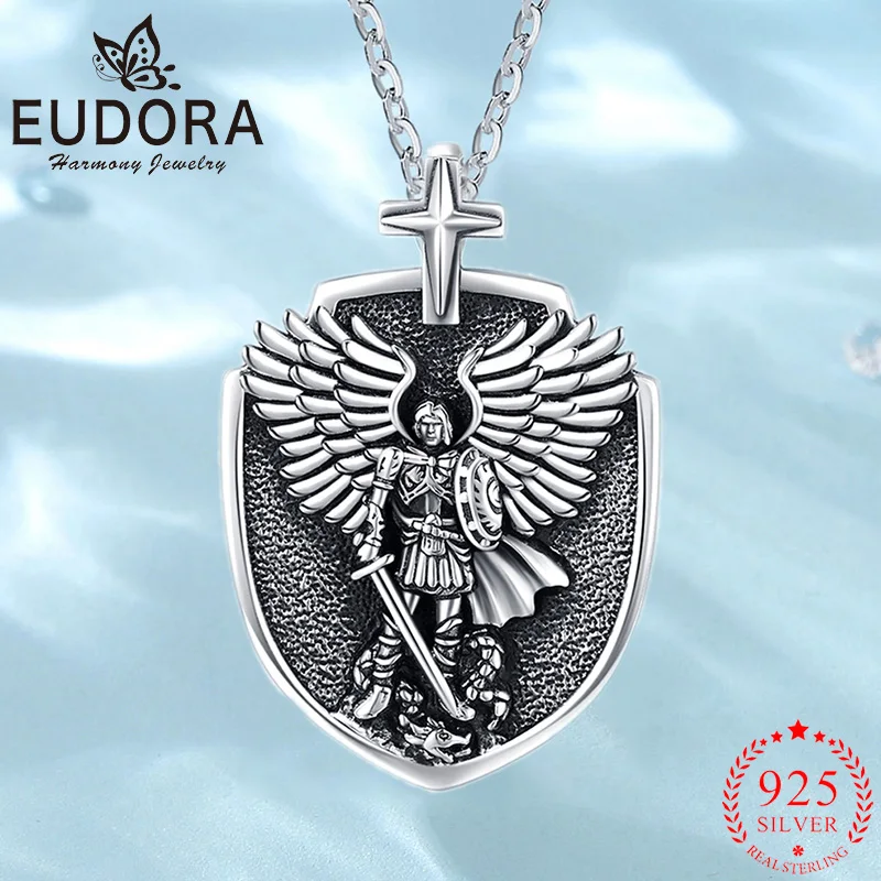 

Eudora 925 Sterling Silver Saint Michael Archangel Patron Necklace Warrior Knight Shield Pendant Classic Jewelry for Men Women