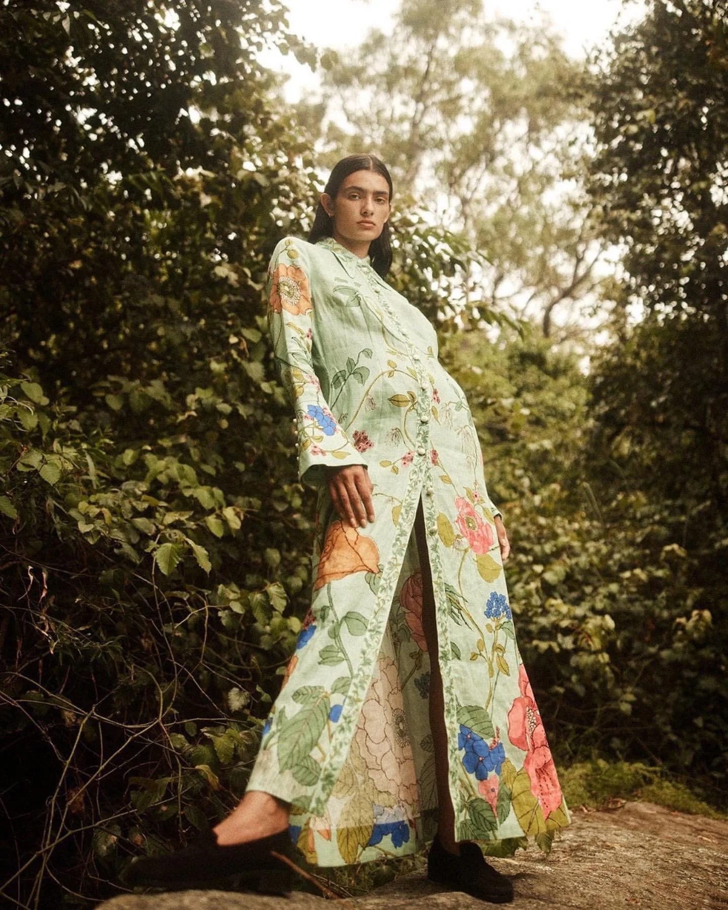 

Alem@ais* Autumn Women Midi Shirtdress Linen Full Flare Sleeve Floral Printing Green Casual Floor Length Vintage Empaire Waist