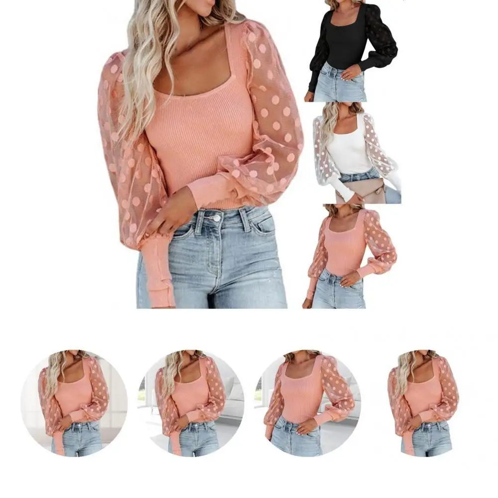 

Novel Polka Dot Mesh Sleeve Women Top Women T-shirt Solid Soft Wear
