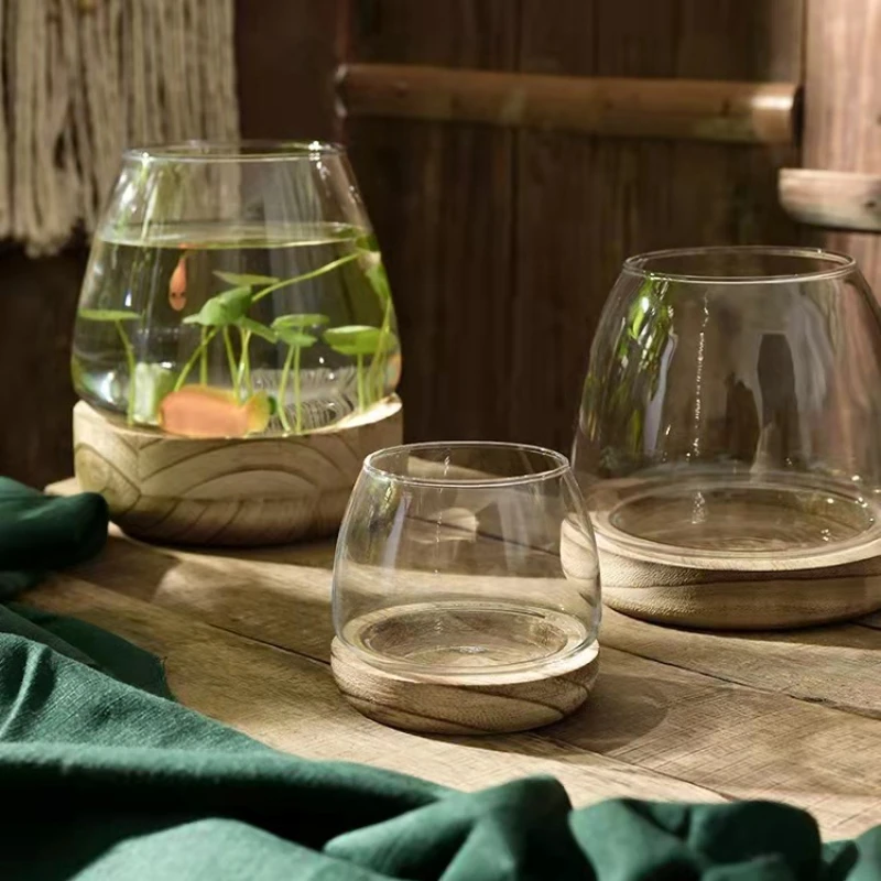 

Vase Transparent Glass Flower Arrangement Aquatic Plants Small Wooden Base Ecological Fish Tank Tabletop Flower Vase fish tank