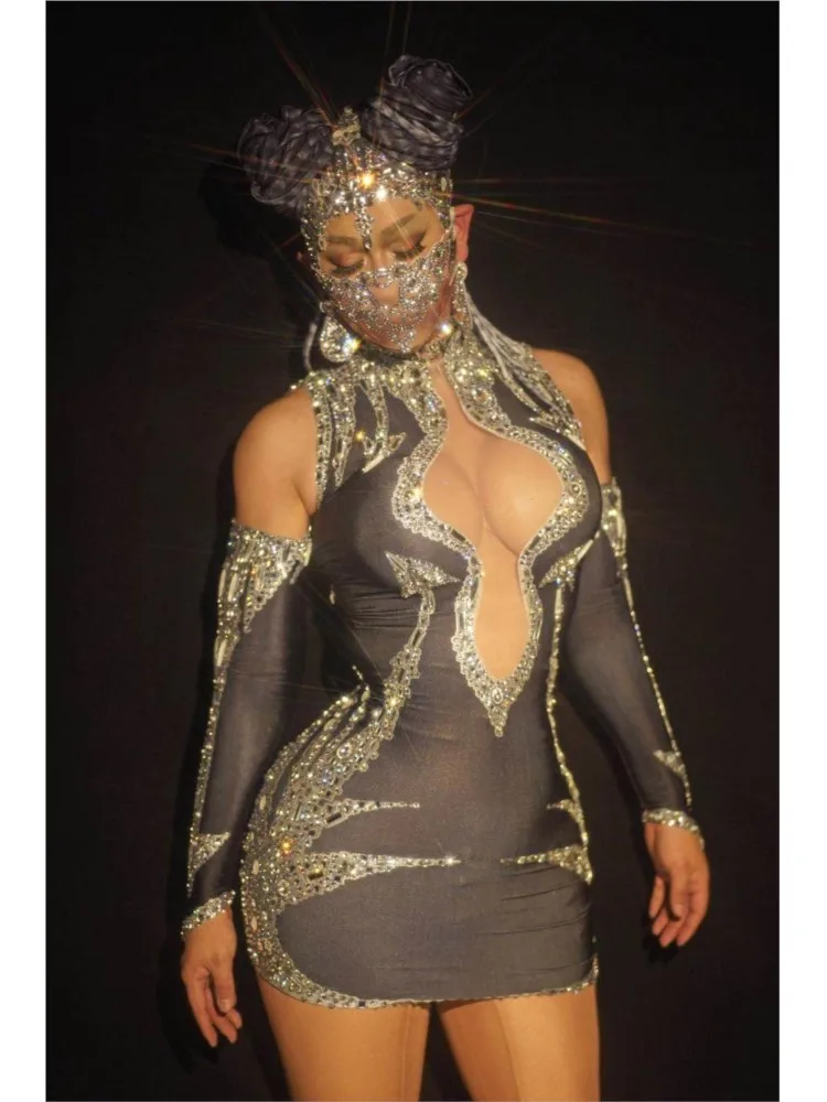 

Women Sparkly Rhinestones Mini Shinny Dress Nightclub Birthday Outfit