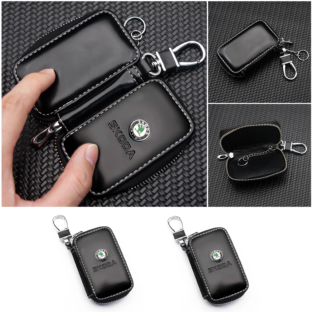 

1PC PU Leather Car Key Case Auto Key Holders Buckle Emblem Accessories Gifts For Skoda Fabia Octavia Kamiq Karoq Kodiaq Rapid