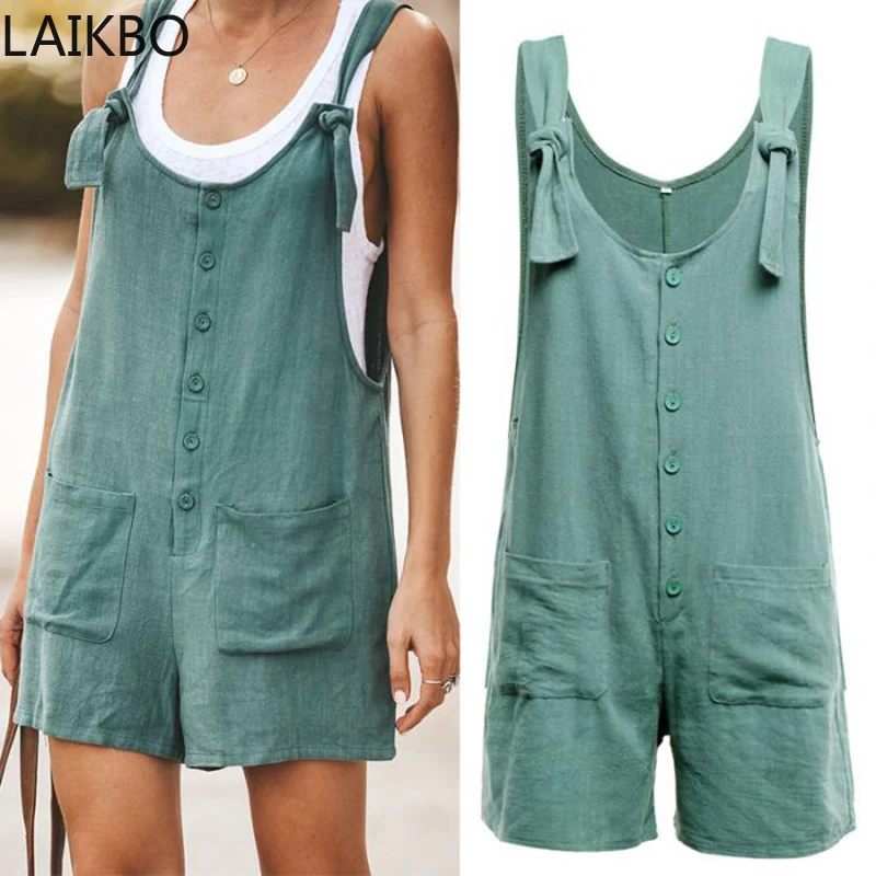

Women Rompers Summer Casual Loose Sleeveless Jumpsuit Solid Button Pocket Suspenders Bib Short Pants Wide Leg Playsuits Overalls
