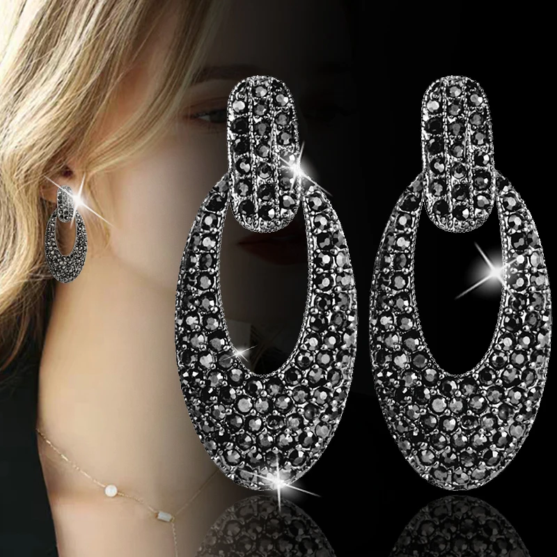 

LEEKER Gothic Style Big Oval Drop Earrings For Women Black Cubic Zircon Female Vintage Party Jewelry wedding accessories ZD1 XS8