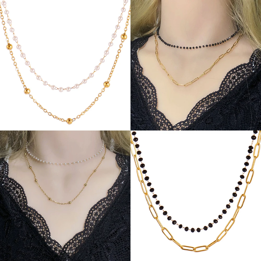 Модное жемчужное ожерелье Kpop для женщин из нержавеющей стали двухслойная