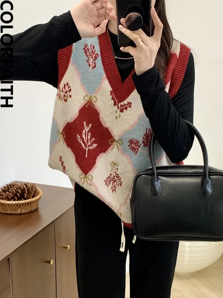 

Colorfaith SWV4058JX Новинка 2023, корейский модный жилет, винтажные элегантные свитера с v-образным вырезом, вязаные женские топы на зиму и весну