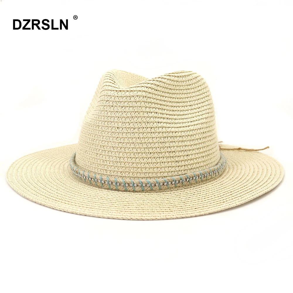 

Соломенная шляпа для мужчин и женщин, складная Солнцезащитная пляжная Панама с ремешком и бантом, с бриллиантами, для отдыха