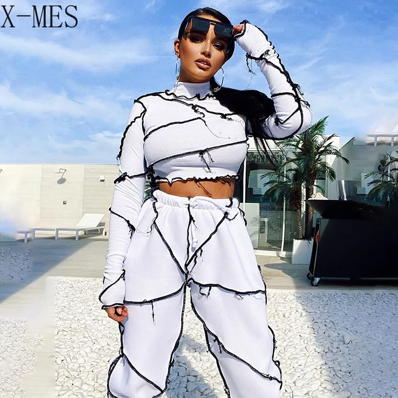 

X-MES Women Pullover Patchwork Pant 2Piece Sets Sexy Slim Long Sleeve High Collar Top+Sports Pants Suits Y2K Sexy Street Clothes