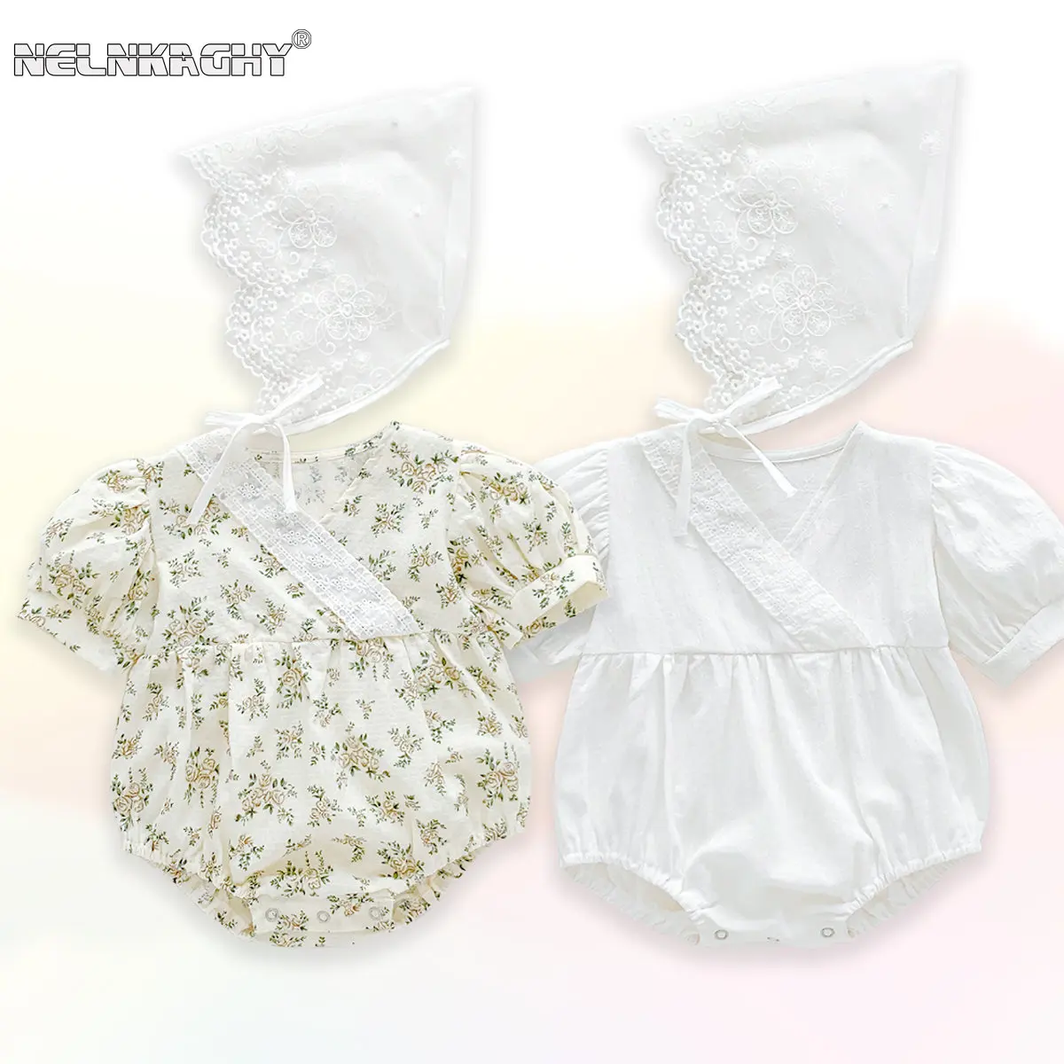 

2023 New In Summer Newborn Baby Princess Short Sleeve Lace Floral Cotton Outdoor Clothing Infant Kids Girls Bodysuits Gift Hat