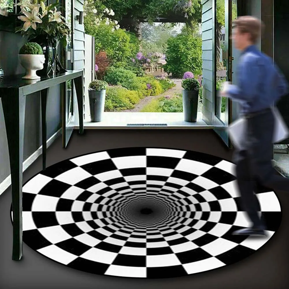 

3D Rugs Black White Grid Printing Bedroom Illusion Vortex Bottomless Hole Round Carpets for Living Room Halloween Decoration Rug