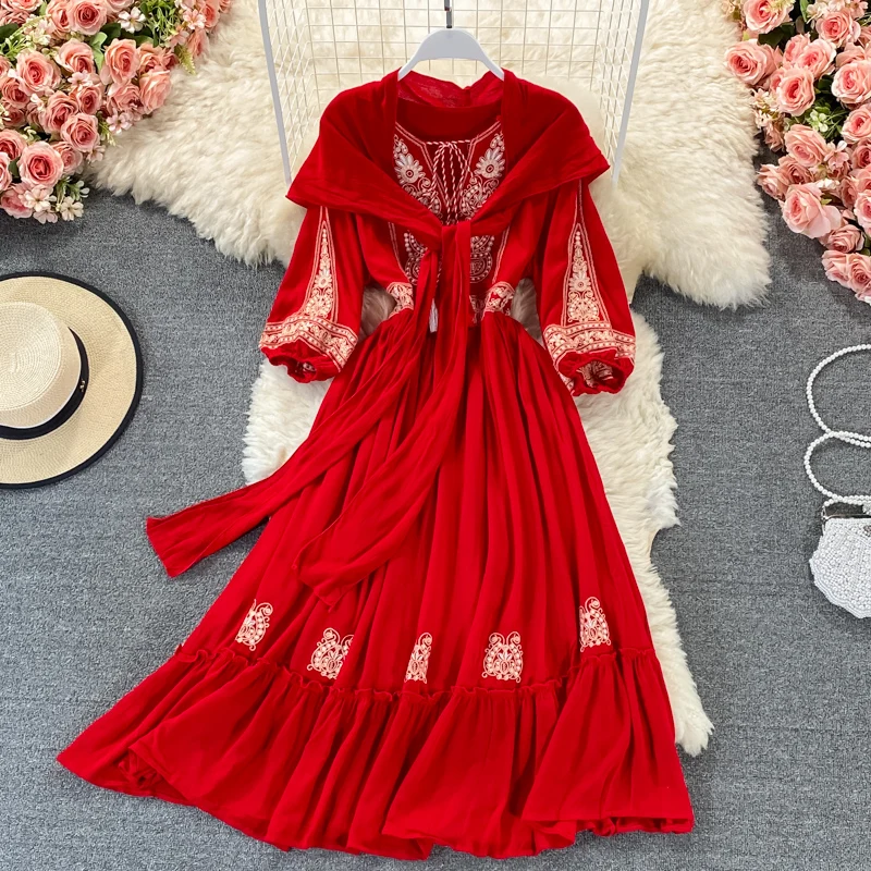 

Bohemian White/Yellow/Red Embroidered Dress Women Scarf Collar Puff Long Sleeve Elegant High Waist Vestidos 2022 Female Robe New