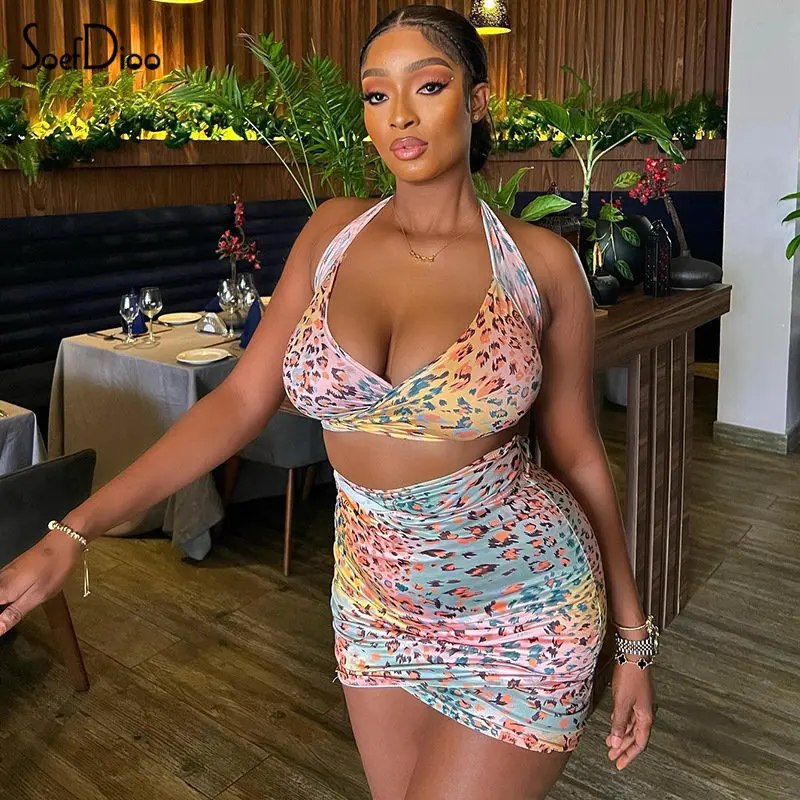 

Soefdioo Aesthetic Print Two Piece Set Women Hipster Sexy Halter Lace Up Vest and Mini Skirt Matching Winter 2022 Club Outfits