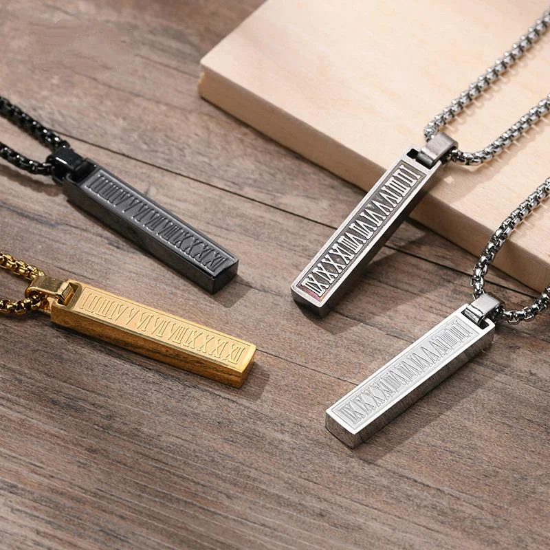 

Classic Fashion Stainless Steel Pendant Necklace Roman Numeral Rectangular Bar Men Motorcycle Jewelry High Quality Jewelry Gift