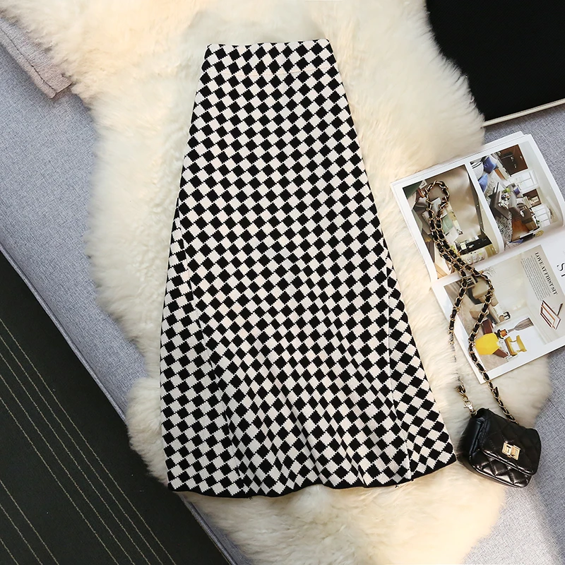 

Женская плиссированная вязаная юбка Wisher & Tong с высокой талией, корейская мода, трапециевидная клетчатая вязаная юбка, зимние длинные юбки 2022, Женская юбка