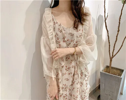 

Versatile super gentle Chiffon cardigan 2022 summer new cuff strap Lantern Sleeve sunscreen shirt thin short shawl women