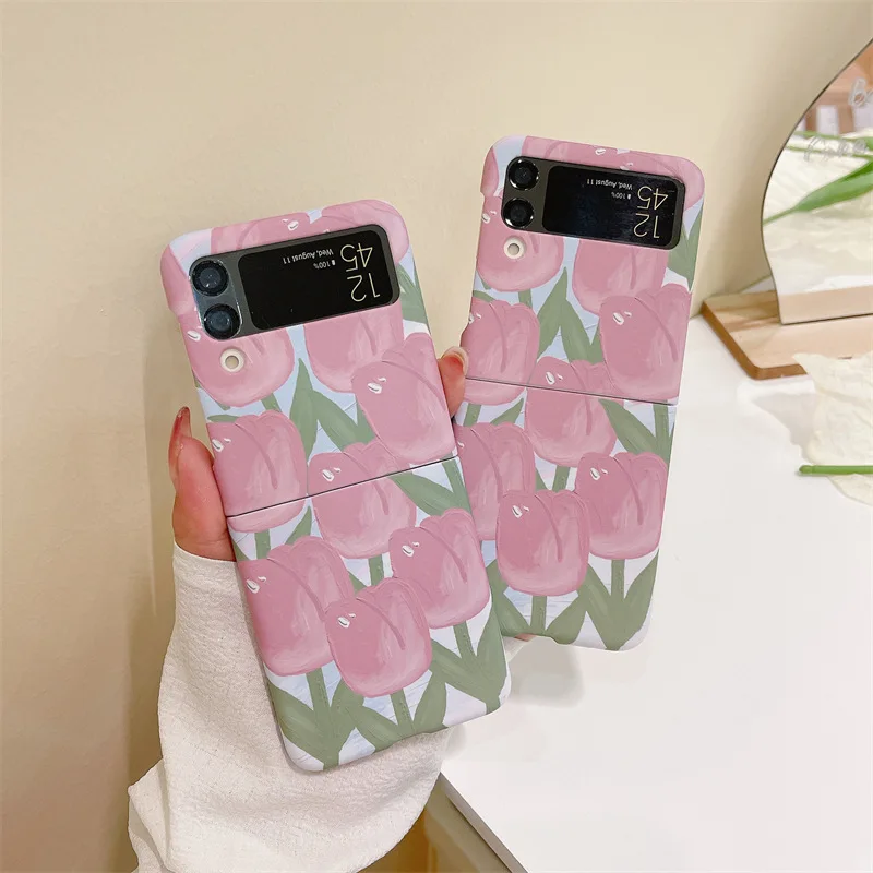 

Full Screen Pink Tulip Flowers Phone Case for Samsung Galaxy Z Flip 3 Z Flip 4 Hard PC Back Cover for ZFlip3 ZFlip4 Case Shell