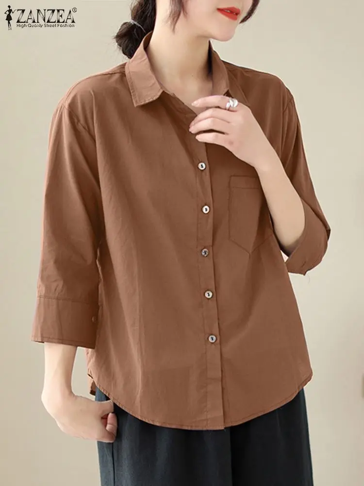 

Винтажная женская рубашка ZANZEA, однотонная блузка с отложным воротником и рукавом 3/4, топы на пуговицах, повседневные деловые женские блузки