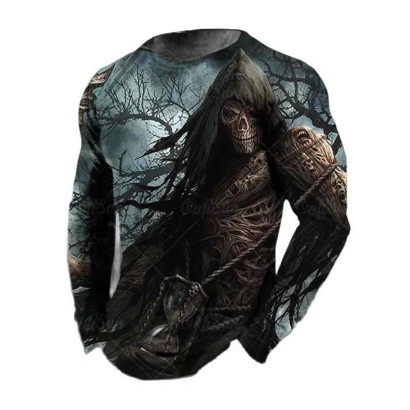 

Vintage Men's Long Sleeve T-shirts 3d Printed Skull Long T Shirt For Men Street O Neck Pullover Oversized Tee Shirt Man Clothing